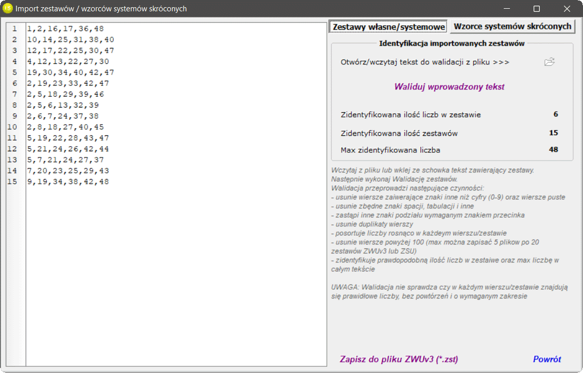 Import zestawów / wzorców systemów skróconych